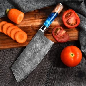 blue resin handle VG10 Damascus 7.5 inch chopping knife