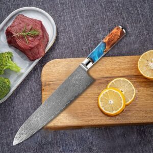 9.5 inch blue resin handle damascus chef knife