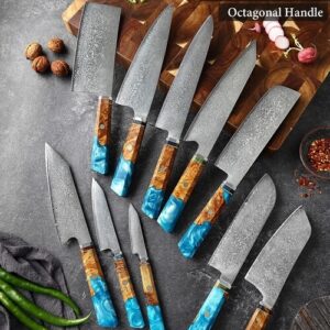 damascus-knife-set-blue-resin-handle