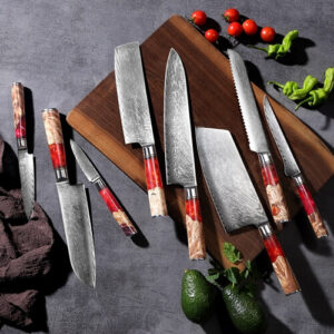 red-resin-handle-damascus-knife-set