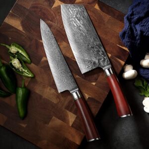 2 pcs Damascus knife set with saim rosewood handle