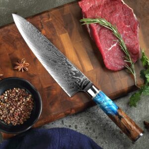 wholesale damascus chef knife with blue resin handle