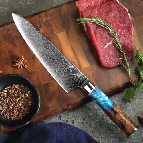 wholesale damascus chef knife with blue resin handle