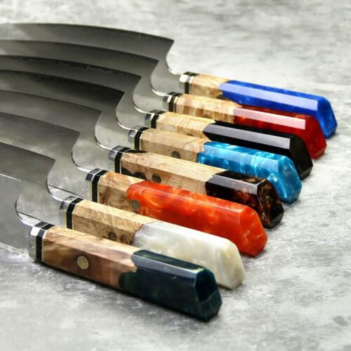damascus steel kiritsuke knife with resin and color wood handle