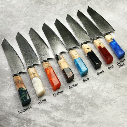 damascus steel kiritsuke knife with resin and color wood handle