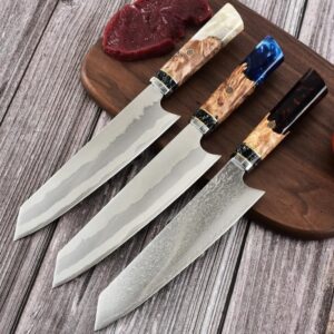 damascus steel kiritsuke knife with resin and color wood handle