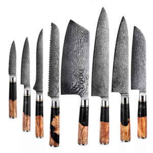 dark green resin handle damascus kitchen knife set