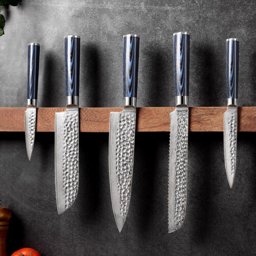 Damascus knife set with blue wood G10 handle