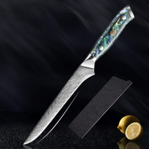 Damascus boning knife with abalone shell handle