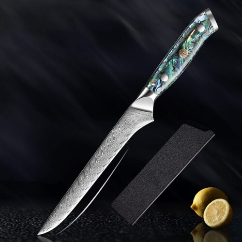 Damascus boning knife with abalone shell handle
