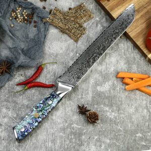 Damascus bread knife with abalone shell handle