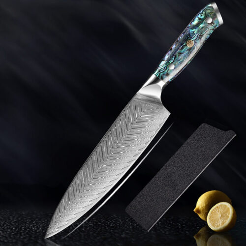 Damascus chef knife with abalone shell handle