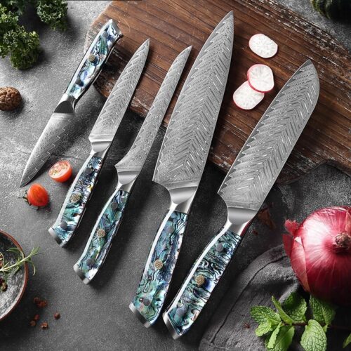 damascus kitchen knife set with abalone shell handle