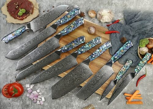 10 pcs damascus kitchen knife set with abalone shell handle