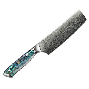 Damascus nakiri knife with abalone shell handle