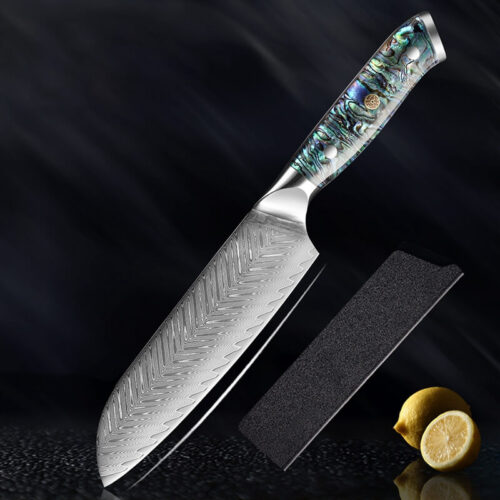 Damascus santoku knife with abalone shell handle