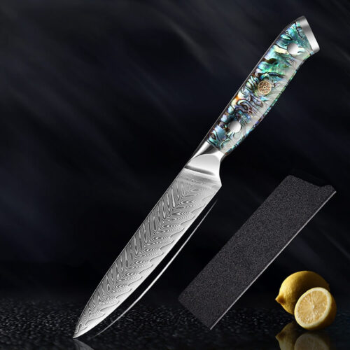Damascus utility knife with abalone shell handle