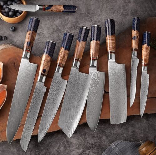 Damascus-Steel-Blue-Resin-Honeycomb-Handle-kitchen-knife-set